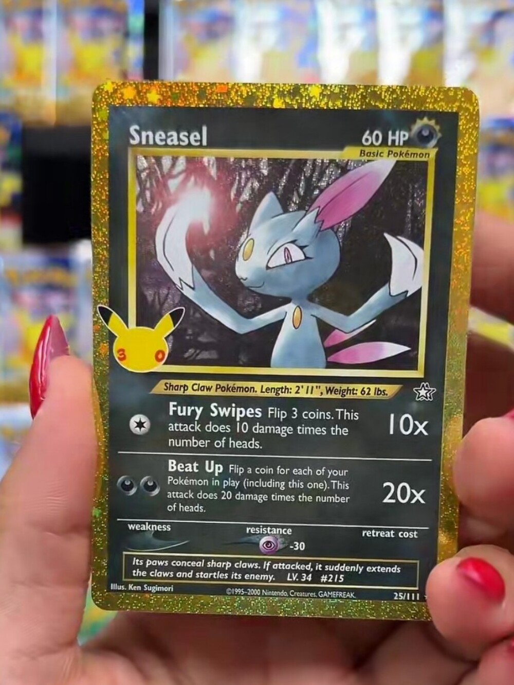 30th ANNIVERSARY Pokémon Sneasel Holographic Trading Card - Gold Border